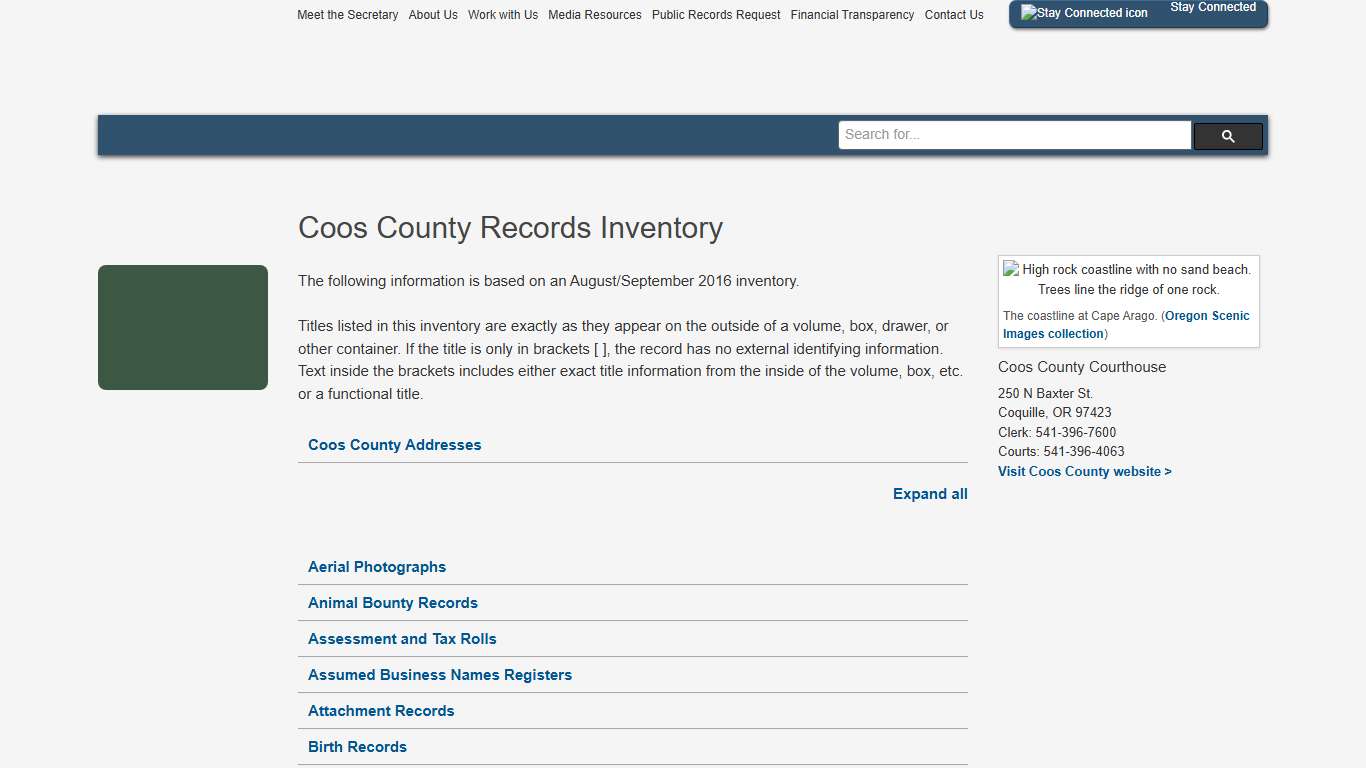 State of Oregon: County Records Guide - Coos County Records Inventory