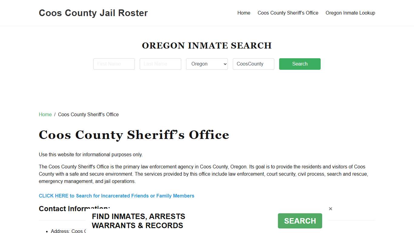 Coos County Sheriff Office, OR, Arrest Warrants Search